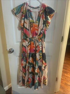 Umgee Multicolor Tropical Print Tiered Midi Dress - Cream Base